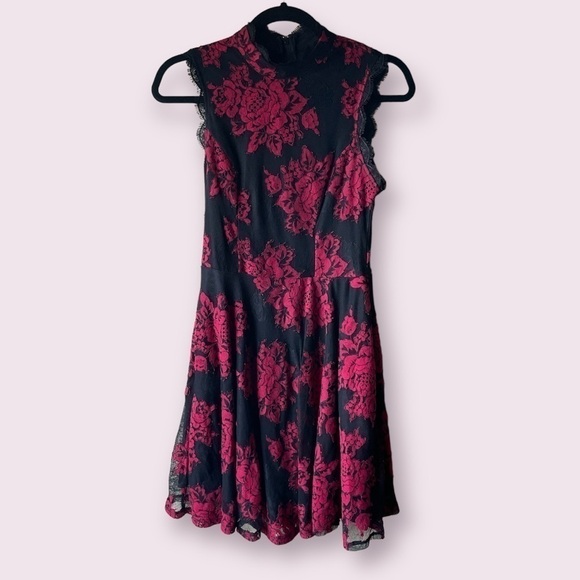 Jodi Kristopher Red and Black Floral Lace Mini Dress - Picture 1 of 7